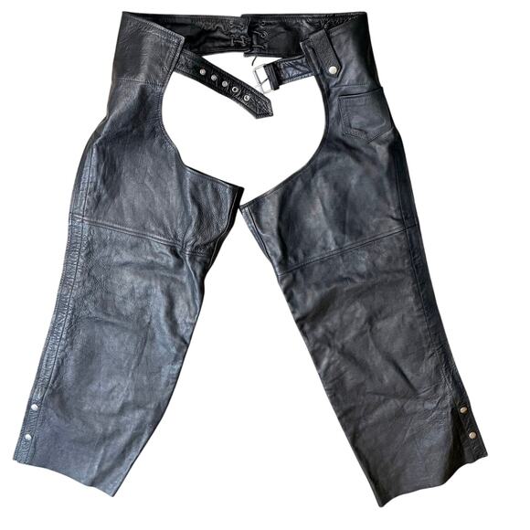 Biker’s Gear Black Leather Motorcycle Chaps Size L Zip Snap Riding Chaps